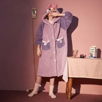 Pižama Moterims Lankas Gobtuvu Sleepwear Pink Coral Vilnos Moterų Namų Drabužių Žiemos Poilsio Animacinių filmų Antis Pijama Moterų Storio