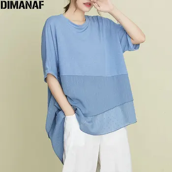 DIMANAF 2020 Plius Dydis Moterų Marškinėliai Moteriška Lady Kratinys Šifono Nesimetriškas Hems O-Kaklo Medvilnės Prarasti trumpomis Rankovėmis Viršūnes&Tees