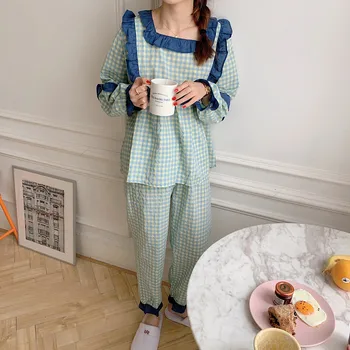 Pledas aikštėje apykaklės pižamos nustatyti ilgomis rankovėmis kelnės moterims pižama nustatyti, pižamos 2pieces merginos medvilnės namų sleepwear drabužius L022