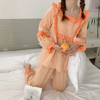Pledas aikštėje apykaklės pižamos nustatyti ilgomis rankovėmis kelnės moterims pižama nustatyti, pižamos 2pieces merginos medvilnės namų sleepwear drabužius L022