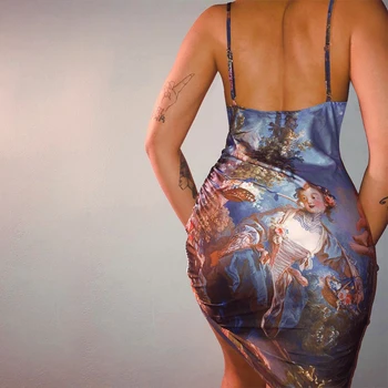 LVINMW Seksualus Spagečiai Dirželiai Simbolių Spausdinimo Backless Aksesuarais Mini Suknelė 2020 M. Vasarą Moterys Derliaus Minkštas Streetwear Liesas