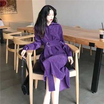 Korėjos Rudens Žiemos Moterys Ilga Suknelė Turn-Žemyn Apykaklės Chaki Violetinė Atsitiktinis Negabaritinių Vestidos Derliaus Velvetas Elegantiškos Ponios Suknelė