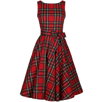 Derliaus 50s 60s Pin Up Rockabilly Swing Suknelė Moterims, O Kaklo Raudonas Languotas Patikrinimus Pledas Retro Suknelės Su Varčios Hepburn Skraiste, Vestidos