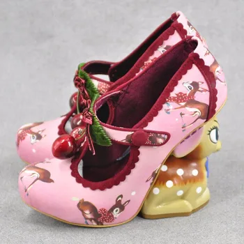 Cute girl dirželio sagtis elnias spausdinimo odiniai batai nereguliarus mažai elnias kulno batų dvigubai vyšnios aukšto kulno batų kulno elnias