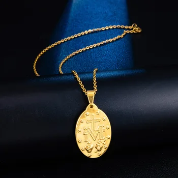 Aukso/Sidabro Spalvos Nerūdijančio Plieno Mergelės Marijos Medalis Žavesio Pakabukas & Karoliai Moterų Kryžiaus Medallion Medallas Religiosas
