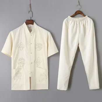 Vyrų Kinijos Tradiciniais Kostiumais Rinkinys 2vnt Marškinėliai+kelnės Kvėpuojantis Medvilnės Dragon Siuvinėjimo Vyrų Naujųjų Metų Kung Fu Tango Kostiumas