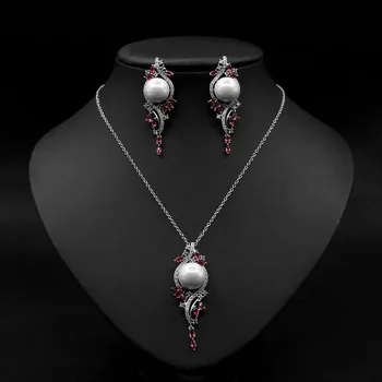 Elegantiškas Dizainas Kubinių Cirkonio Kristalų Ilgai Pearl Drop Auskarai Karoliai Senovinių Papuošalų Rinkinys Moterims
