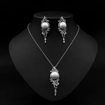 Elegantiškas Dizainas Kubinių Cirkonio Kristalų Ilgai Pearl Drop Auskarai Karoliai Senovinių Papuošalų Rinkinys Moterims