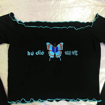 Off Peties Moterų Pasėlių Viršuje Kinų Rašte Siuvinėjimo Atsitiktinis Pinikai Basic Marškinėliai 2018 M. Derliaus ilgomis Rankovėmis Trumpą Tee marškinėliai Lady