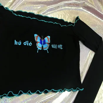 Off Peties Moterų Pasėlių Viršuje Kinų Rašte Siuvinėjimo Atsitiktinis Pinikai Basic Marškinėliai 2018 M. Derliaus ilgomis Rankovėmis Trumpą Tee marškinėliai Lady