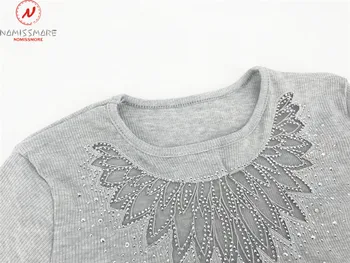 Elegantiškas Moteris Rudens Ir Žiemos Plonas, T-Marškinėliai Kratinys Tuščiaviduriai Iš Dizaino Duobute Dekoro Matyti Per O-Kaklo, Ilgomis Rankovėmis Kietas Viršų