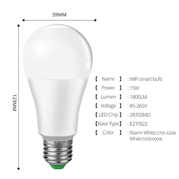 LED Wifi Smart Lemputė 15W E27 B22 Intellegent Licht App Afstands bediening Laikas Lempa Werk Susitiko Alexa Echo 