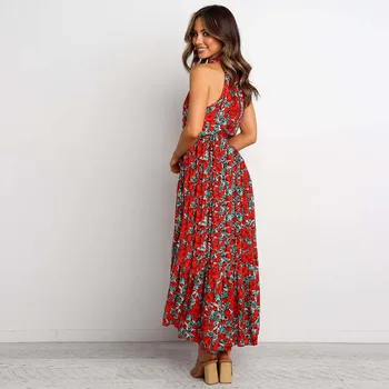 2020 Metų Vasaros Boho Suknelė Ponios Ilga Suknelė Moterims Aukšto Juosmens Maxi Gėlių Suknelė Moterų Spausdinti Rankovių Elegantiškas Gėlių Suknelė Raudona