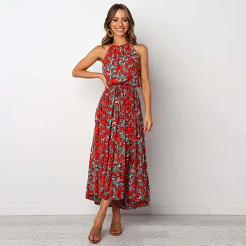 2020 Metų Vasaros Boho Suknelė Ponios Ilga Suknelė Moterims Aukšto Juosmens Maxi Gėlių Suknelė Moterų Spausdinti Rankovių Elegantiškas Gėlių Suknelė Raudona