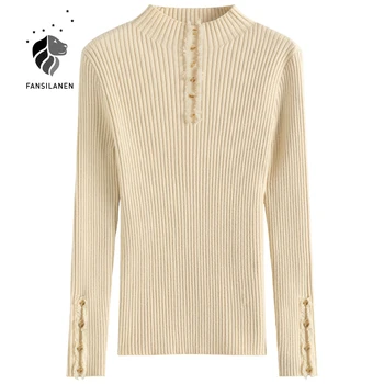 FANSILANEN Kutas pakraštyje pagrindinio plonas megztas megztinis Moterims mygtuką ilgomis rankovėmis baltas megztinis Rudenį, žiemą moteriška juodos spalvos megztinis