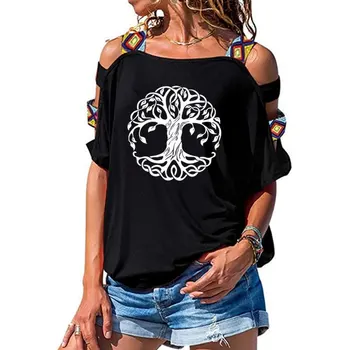 Mandala Ratas Medžių T-Shirt Medžio Moterų Prarasti Medvilnės trumpomis Rankovėmis Moterų marškinėliai Mados Tuščiaviduriai Iš Peties Tees