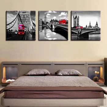 Drobė Nuotraukas Gyvenimo Kambario Sienos Meno Spaudinius 3 Gabalus London Bridge Tower Paveikslų Raudonas Automobilis Autobusų Plakatai Namų Dekoro Sistema