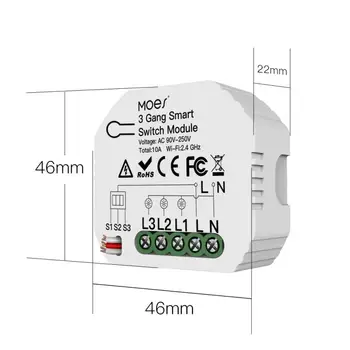 Smart Light WiFi Jungiklis 3 Gauja Modulis AC90-250V Mini 