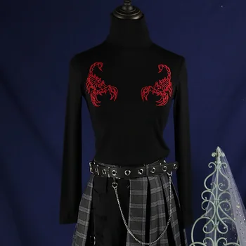 2020 Naujas Halloween Retro Gotikos Stiliaus Kinijos Skorpionas Išsiuvinėti Aukšta Apykakle ilgomis rankovėmis Medvilnės marškinėliai Spausdinami Marškinėliai