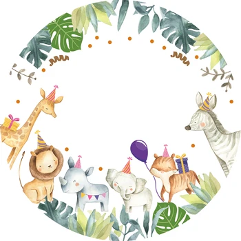 Apvalus Skydas apskritimo fone akvarelė Džiunglių gyvūnų palieka Gimtadienio dekoro baby shower karamelinis desertas stalo reklama