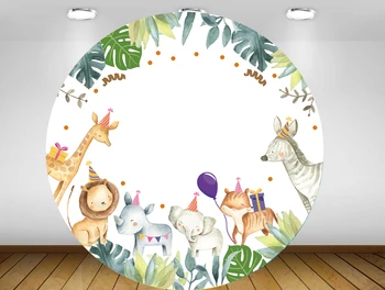 Apvalus Skydas apskritimo fone akvarelė Džiunglių gyvūnų palieka Gimtadienio dekoro baby shower karamelinis desertas stalo reklama