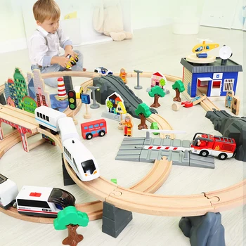 Mediniai Traukinių Bėgių Žaislų Rinkinys Stebuklinga Brio Kelio Stotis Tiltas Priedai Geležinkelio Modelio Švietimo 3D Pulzze Žaislai Vaikams