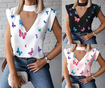 2020 Naujų Seksualių Moterų Vasaros trumpomis Rankovėmis Megztinis marškinėliai Topai Moterų Drugelis Spausdinti V-kaklo, Tuščiaviduriai Iš T-shirt Komplektus Clubwear