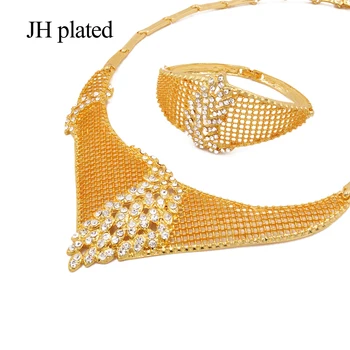 Papuošalų rinkinys moterims 24K aukso spalvos karoliai, auskarai, žiedas, apyrankė nustatyti Dubajus nuotakos vestuvių dovanos didmeninės juvelyrikos rinkiniai