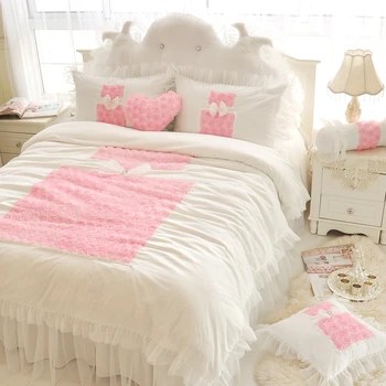 Dekoratyviniai pagalvių užvalkalai baltos, rausvos spalvos medvilnės nėriniai Patalynės komplektas twin karalienė king size antklode padengti nustatyti lova sijonas lova padengti užvalkalas