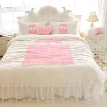 Dekoratyviniai pagalvių užvalkalai baltos, rausvos spalvos medvilnės nėriniai Patalynės komplektas twin karalienė king size antklode padengti nustatyti lova sijonas lova padengti užvalkalas
