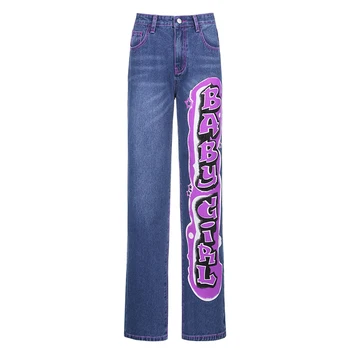 E-mergina, Moteris, Derliaus Streetwear Laiškas Spausdinti Baggy Jeans 90-ųjų Mados Tiesūs Džinsai Mažas Juosmens Y2K Kelnes Rudenį Mama Džinsai