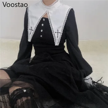Dark Gothic Lolita Dress Moterų Derliaus Viktorijos Nėrinių Kratinys Stovėti Apykaklės Mini Suknelė Japonijos Girly Chic Punk Suknelės, Šaliai