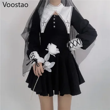 Dark Gothic Lolita Dress Moterų Derliaus Viktorijos Nėrinių Kratinys Stovėti Apykaklės Mini Suknelė Japonijos Girly Chic Punk Suknelės, Šaliai