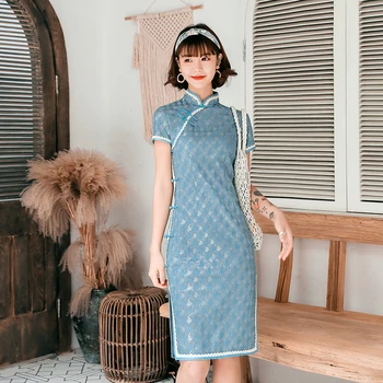 Elegantiška Mėlynos Spalvos Nėrinių Cheongsam Seksualus Plonas Aukštos Padalinta Suknelė Naujo Derliaus Classic Plus Size Vestidos Tradicinės Kinų Šalis Suknelė