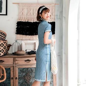 Elegantiška Mėlynos Spalvos Nėrinių Cheongsam Seksualus Plonas Aukštos Padalinta Suknelė Naujo Derliaus Classic Plus Size Vestidos Tradicinės Kinų Šalis Suknelė