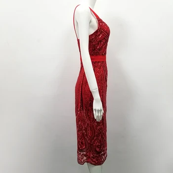 2019 seksualus, elegantiškas spagečiai dirželiai tvarstis suknelė ryškiai raudona blizgučiai rankovių bodycon atostogų šalis midi suknelė vestido