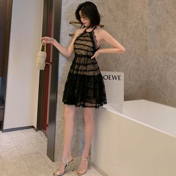 Naujas atvykimo korėjos stiliaus mados suknelė moterims, elegantiškas vasarą biuro panele seksuali nėrinių plonas temperamentas vintage black šalis suknelė