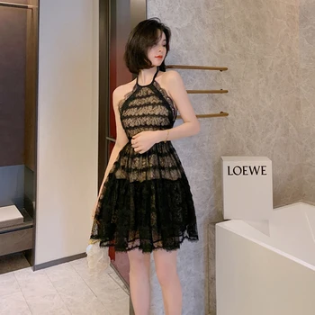 Naujas atvykimo korėjos stiliaus mados suknelė moterims, elegantiškas vasarą biuro panele seksuali nėrinių plonas temperamentas vintage black šalis suknelė