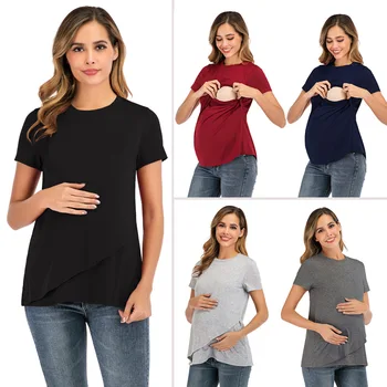 2020 Nėščioms moterims vientisos spalvos dryžuotas krūtimi marškinėliai nėščių moterų priežiūra trumparankoviai O-kaklo marškinėliai maitinti kūdikių marškinėliai