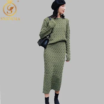 SMTHMA Aukštos kokybės Elegancija korėjos versija apvalios kaklo laisvas megztinis džemperis+ moteris, Dviejų dalių Sijonas kostiumas