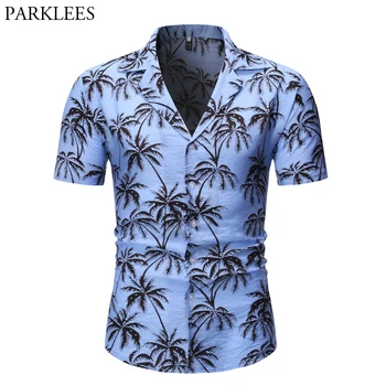 Mėlyna Havajų Marškinėliai Vyrams 2019 M. Vasarą trumpomis Rankovėmis Palmių Spausdinimo Mygtuką 