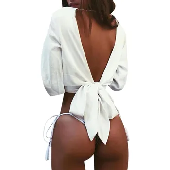 Moterų Balta Palaidinė Sexy Kietas Backless Tuščiaviduriai Iš Bowtie Viršūnes Ilgomis Rankovėmis Backless Lankas Mazgas Palaidinė Žibintų Rankovėmis Marškinėliai