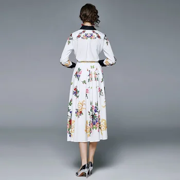Mados Moterų 2020 M. Rudens Gėlių Suknelė Ilgomis Rankovėmis Marškinėliai Suknelė Balta Derliaus Gėlių Spausdinti Elegantiškas Dizaineris Kilimo Ir Tūpimo Tako Maxi Suknelės