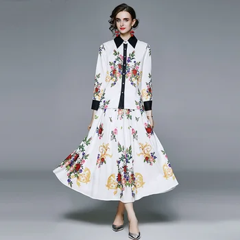 Mados Moterų 2020 M. Rudens Gėlių Suknelė Ilgomis Rankovėmis Marškinėliai Suknelė Balta Derliaus Gėlių Spausdinti Elegantiškas Dizaineris Kilimo Ir Tūpimo Tako Maxi Suknelės