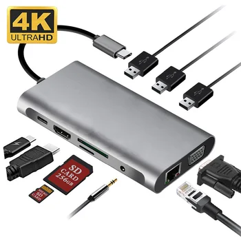 Hub Hdmi Tipo C Iki HDMI 4K VGA Adapter RJ45 Lan Ethernet SD TF USB-C 3.0 Typec Hub 10 in 1 