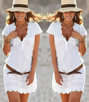 Seksualus Moteriški Balti Vasaros Boho Suknelė su Sexy Nėrinių V-Neck paplūdimys Sundress Šalies Vakarą Trumpą Mini Suknelės Vestido Plius Dydis