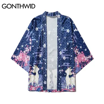 GONTHWID Harajuku Elnias Vyšnių Žiedų Gėlių Spausdinti Japonų Kimono Megztinis Striukės, Paltai Hip-Hop Streetwear Atsitiktinis Palaidų Viršūnės
