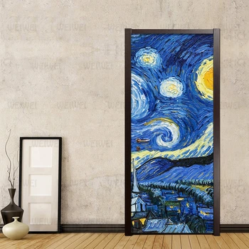 Lipdukai Durų Lipdukas Freskos Van Gogh Žvaigždėtas Dangus Kūrybos PVC Tapetai Lipni, Skirtos Atnaujinti Drobė Spausdinti paveiksl Namų Dekoro