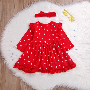 40# Bamblys Kūdikių Mergaičių Suknelė ilgomis rankovėmis Pinikai Valentino Diena Širdies formos Spausdinimo Raukiniai Princesė Dress Kostiumai Kūdikiams