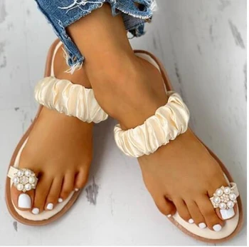 2020 naujas ponios sandalai vasarą atsitiktinis ponios sandalai pearl laisvalaikio bateliai plokščiu dugnu paplūdimio sandalai, šlepetės sandalai